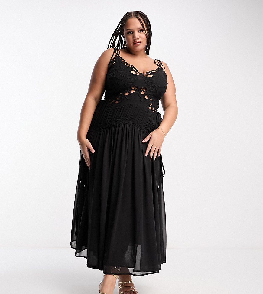 Asos Curve Asos Design Curve Cutwork Maxi Slip Dress With Drawstring Waist In Black