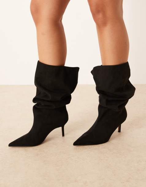ASOS DESIGN Curve Cydney  slouch pull on knee boots in black suedette - view 1