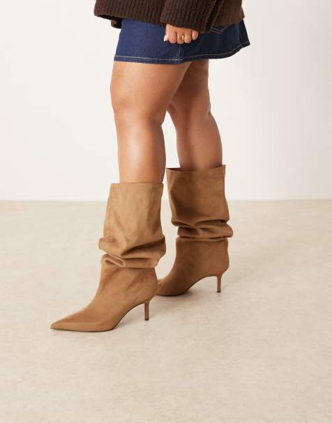 ASOS DESIGN Curve Cydney  slouch pull on knee boots in sand suedette - view 1