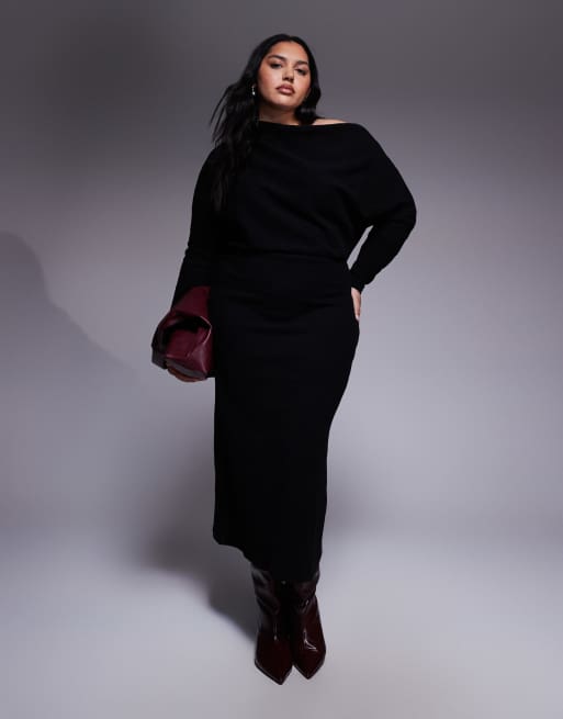 ASOS DESIGN Curve – Czarna bardzo miękka sukienka midi z długimi rękawami i opadającym ramieniem