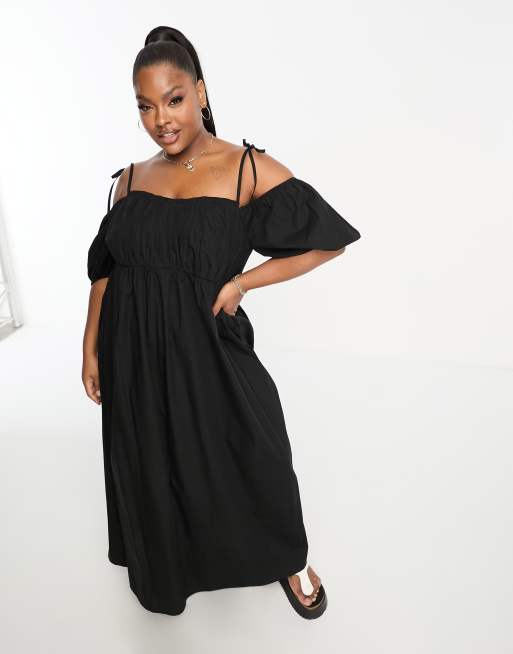 ASOS DESIGN Curve – Czarna bawełniana sukienka maxi z odkrytymi ramionami i marszczeniem na biuście