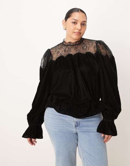 ASOS DESIGN Curve – Czarna bluzka z aksamitu i koronki z zabudowanym dekoltem i długimi rękawami