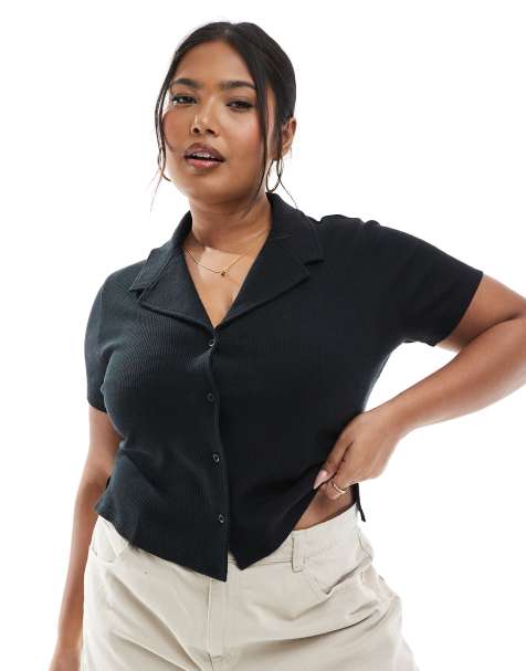 ASOS DESIGN Curve – Czarna dopasowana koszula o waflowej fakturze z kołnierzykiem kubańskim - view 1