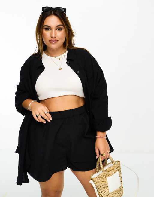ASOS DESIGN Curve – Czarna fakturowana bawełniana koszula plażowa, część zestawu