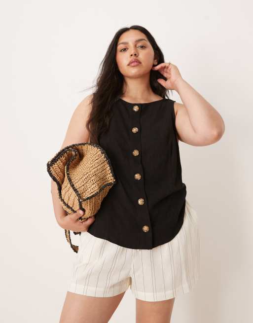 ASOS DESIGN Curve – Czarna kamizelka lniana zapinana na guziki z przodu