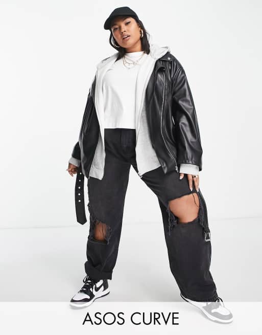 ASOS DESIGN Curve – Czarna kurtka motocyklowa oversize o wydłużonym fasonie z imitacji skóry