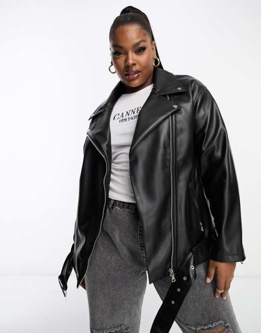 ASOS DESIGN Curve – Czarna kurtka motocyklowa oversize o wydłużonym fasonie z imitacji skóry