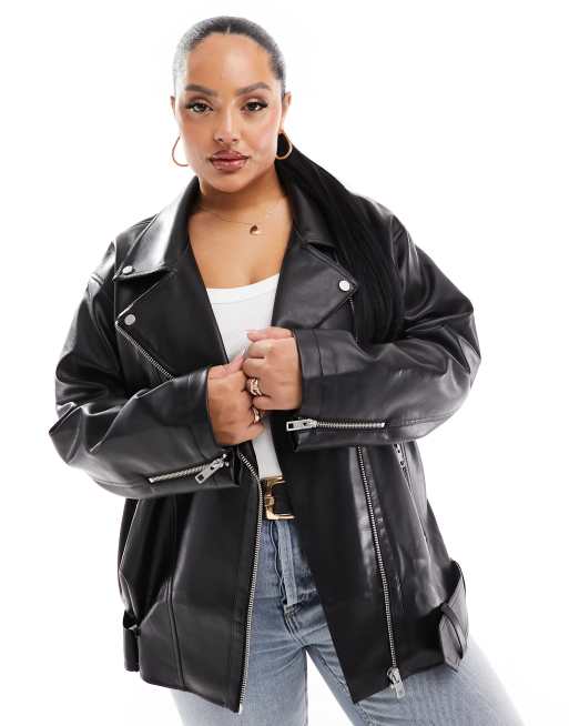 ASOS DESIGN Curve – Czarna kurtka motocyklowa oversize o wydłużonym fasonie z imitacji skóry