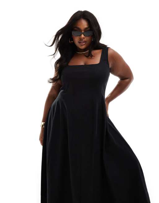 ASOS DESIGN Curve – Czarna letnia sukienka tenisowa maxi z ozdobnymi szwami