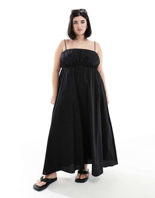 ASOS DESIGN Curve – Czarna marszczona na dekolcie letnia sukienka maxi z regulowanymi ramiączkami