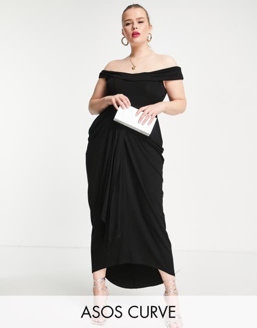 ASOS DESIGN Curve – Czarna marszczona sukienka midi z gorsetowym dekoltem bardot