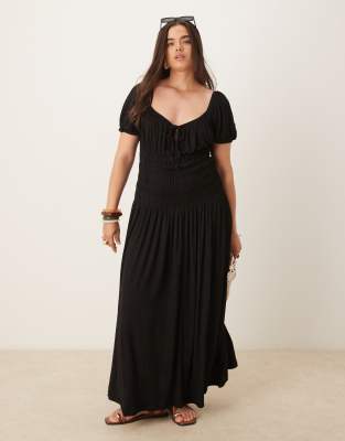 ASOS DESIGN Curve – Czarna, marszczona w talii sukienka midi w stylu milkmaid - view 1