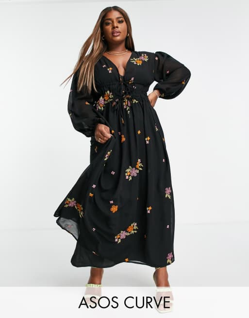 ASOS DESIGN Curve – Czarna miękka sukienka maxi z haftowanym wzorem na całej powierzchni
