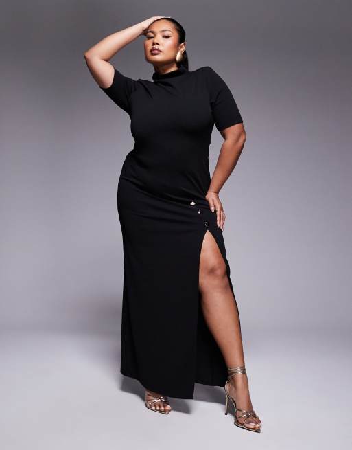 ASOS DESIGN Curve – Czarna ołówkowa sukienka maxi z golfem, krótkimi rękawami i rozcięciem z dużymi guzikami w kolorze złota