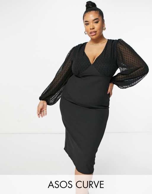 ASOS DESIGN Curve – Czarna ołówkowa sukienka midi z dekoltem w szpic i rękawami z materiału dobby
