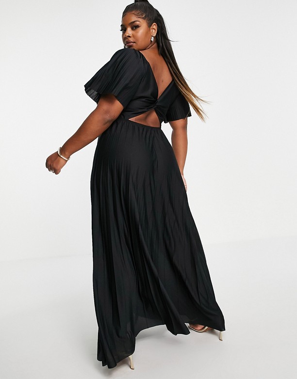  Seksowny ASOS DESIGN Curve – Czarna plisowana sukienka maxi ze skręconym tyłem i krÓtkimi raglanowymi rękawami Black