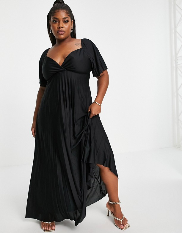  Seksowny ASOS DESIGN Curve – Czarna plisowana sukienka maxi ze skręconym tyłem i krÓtkimi raglanowymi rękawami Black
