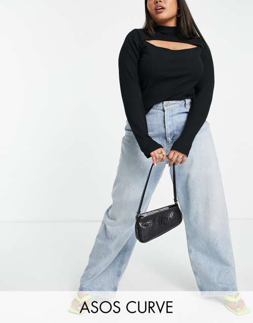 ASOS DESIGN Curve – Czarna, prążkowana bluzka z długim rękawem, golfem i wycięciem z przodu