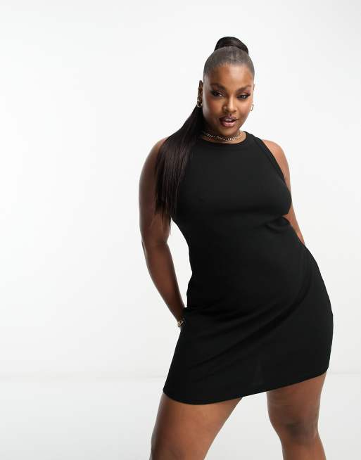 ASOS DESIGN Curve – Czarna prążkowana sukienka mini o fasonie bokserki bez rękawów