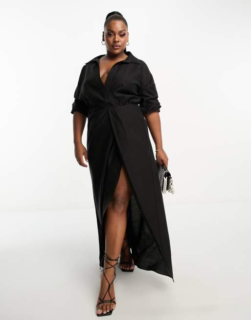 ASOS DESIGN Curve – Czarna skręcona w talii sukienka maxi z wysokim rozcięciem, kołnierzem i efektem sprania