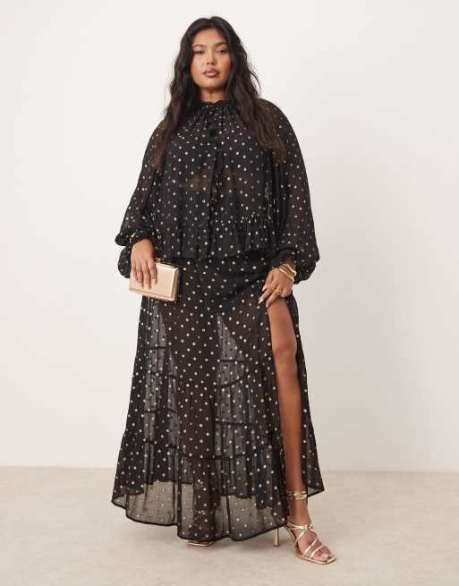 ASOS DESIGN Curve – Czarna spódnica maxi w złote metaliczne kropki