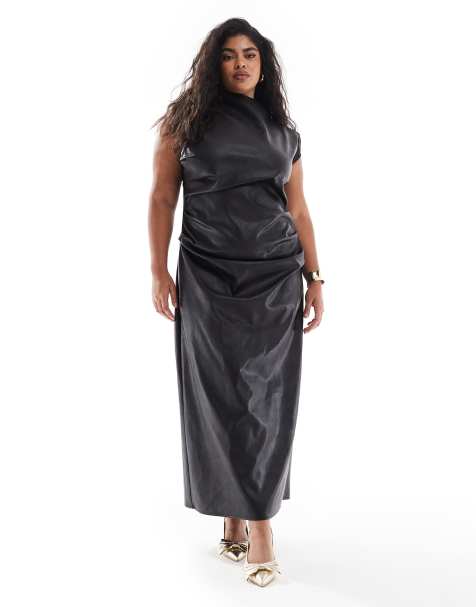 ASOS DESIGN Curve – Czarna spódnica midi z imitacji skóry z marszczeniem - view 1