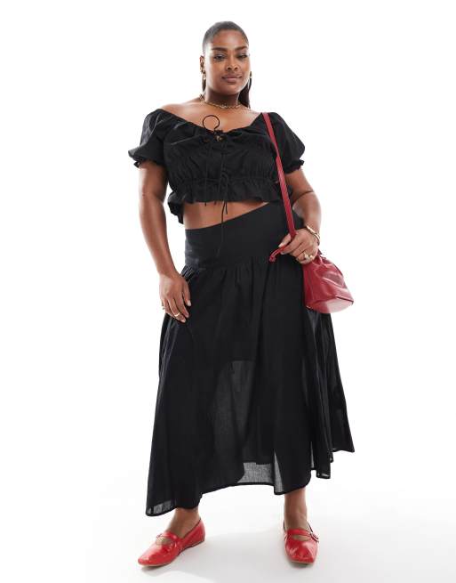 ASOS DESIGN Curve – Czarna spódnica midi z obniżonym stanem i podszewką