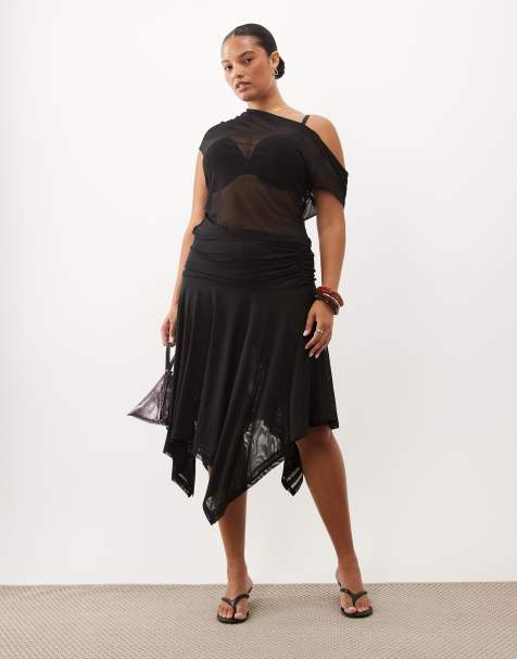 ASOS DESIGN Curve – Czarna spódnica z nierównym dołem z prześwitującej siateczki - view 1