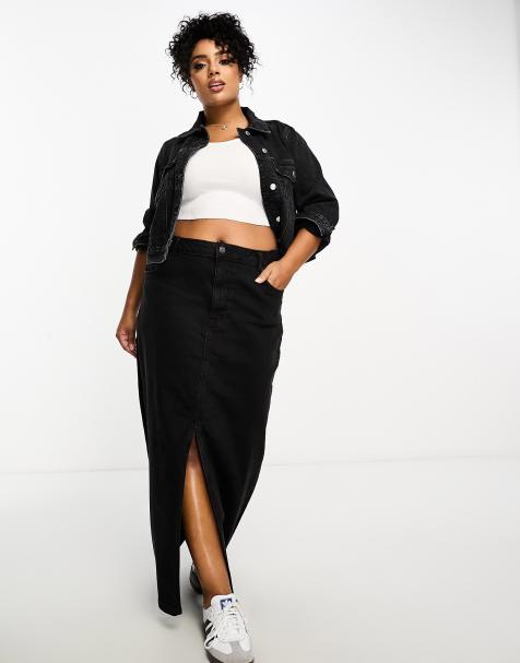 ASOS DESIGN Curve – Czarna sprana jeansowa spódnica maxi z rozcięciem - view 1