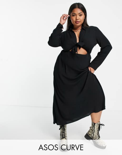 ASOS DESIGN Curve – Czarna sukienka koszulowa midi z wycięciem i ozdobnym wiązaniem z przodu