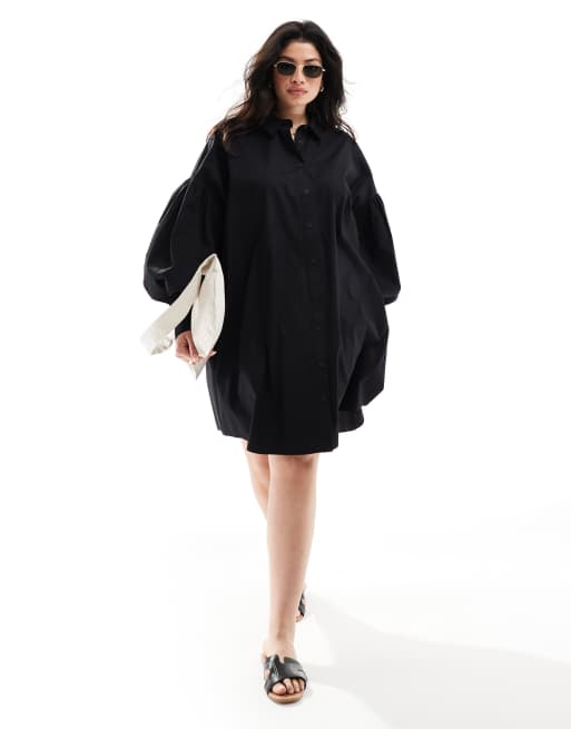 ASOS DESIGN Curve – Czarna sukienka koszulowa mini o fasonie boyfriend z obszernymi rękawami