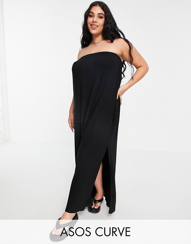  Własny ASOS DESIGN Curve – Czarna sukienka letnia maxi z kieszeniami i dekoltem bandeau Black