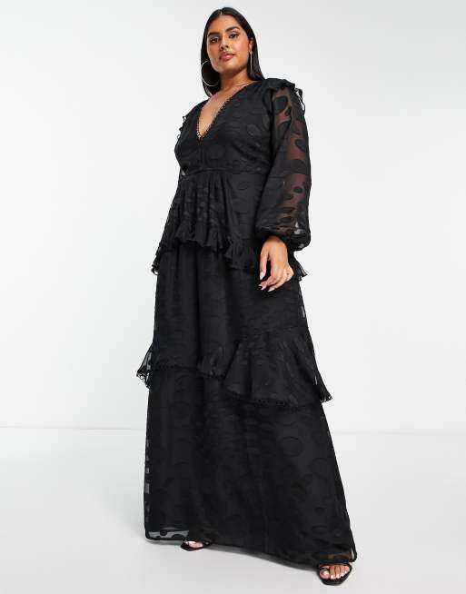 ASOS DESIGN Curve – Czarna sukienka maxi w zniekształcony wzór w kropki i lamówką w kółeczka