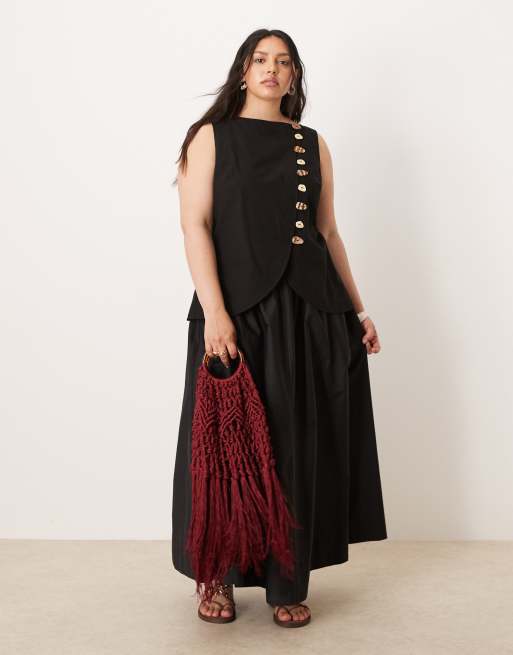ASOS DESIGN Curve – Czarna sukienka maxi z domieszką lnu z górą o kroju kamizelki i popelinową spódnicą