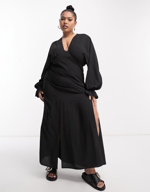ASOS DESIGN Curve – Czarna sukienka maxi z głębokim dekoltem i nietoperzowymi rękawami
