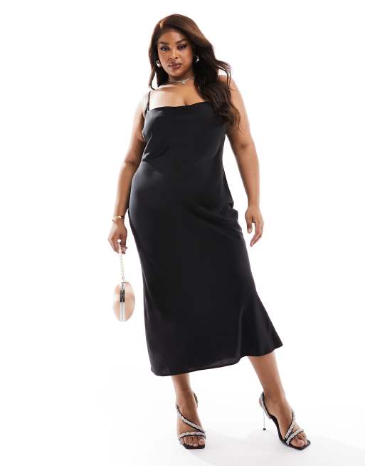 ASOS DESIGN Curve – Czarna sukienka midi na ramiączkach z dekoltem w kształcie litery U