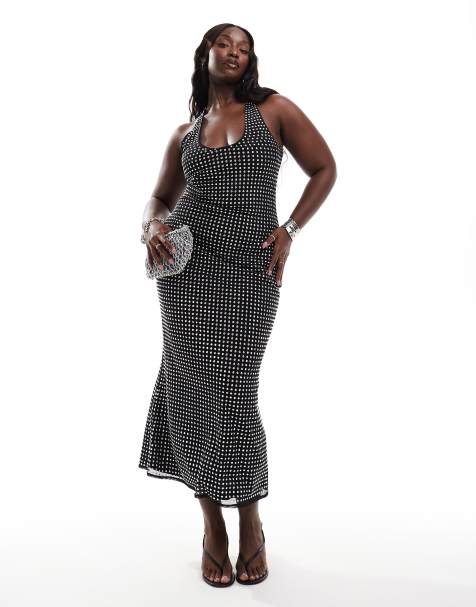 ASOS DESIGN Curve – Czarna sukienka midi z dekoltem halter w kształcie litery U zdobiona dżetami - view 1