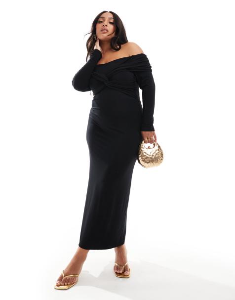 ASOS DESIGN Curve – Czarna sukienka midi z długimi rękawami i odsłoniętymi ramionami - view 1