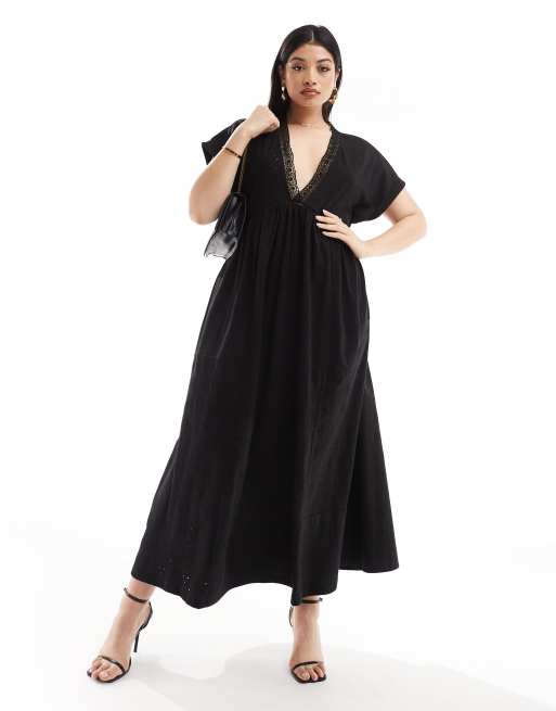 ASOS DESIGN Curve – Czarna sukienka midi z krótkimi rękawami, dekoltem w szpic i haftem angielskim