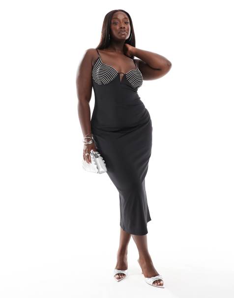 ASOS DESIGN Curve – Czarna sukienka midi z miseczkami zdobionymi strasami - view 1