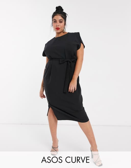 ASOS DESIGN Curve – Czarna sukienka midi ze spódnicą z guzikami i krótkimi rozciętymi rękawami