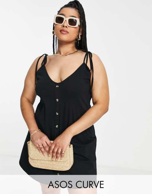 ASOS DESIGN Curve – Czarna sukienka mini na lato zapinana na guziki z wiązanymi ramiączkami