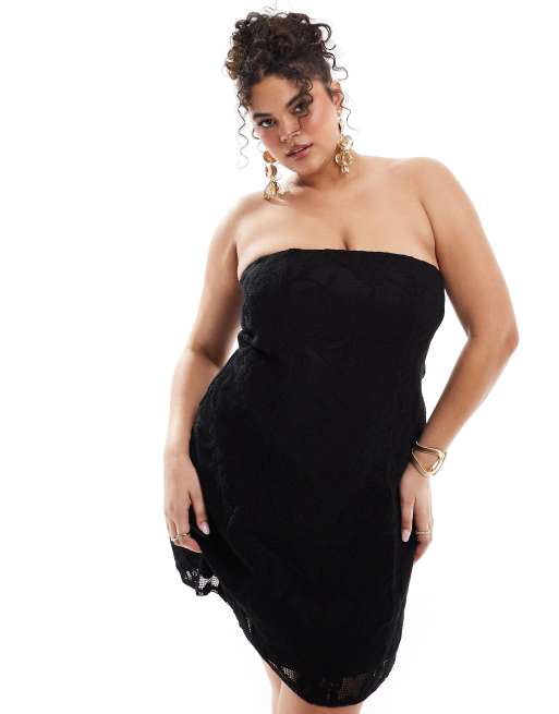 ASOS DESIGN Curve – Czarna sukienka mini z dekoltem bandeau z koronkową warstwą wierzchnią