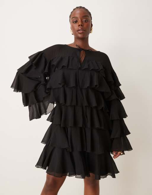 ASOS DESIGN Curve – Czarna szyfonowa sukienka warstwowa mini z długimi rękawami i falbanką