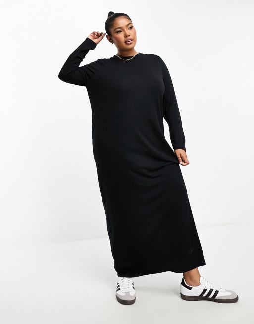 ASOS DESIGN Curve – Czarna T-shirtowa sukienka maxi z długim rękawem