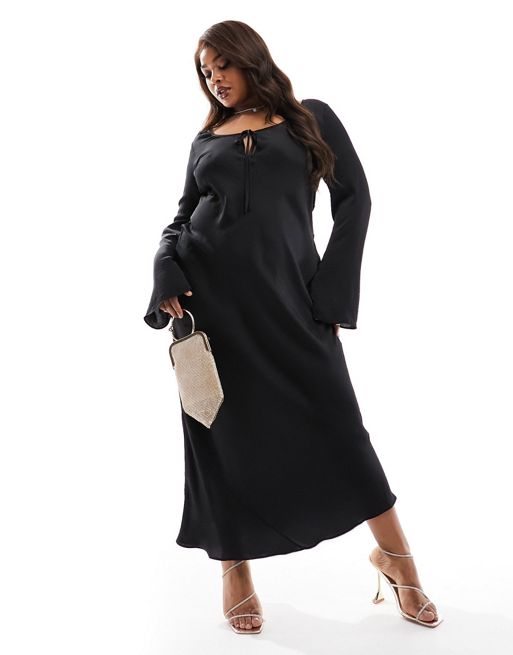 FhyzicsShops DESIGN Curve – Czarna wiązana z przodu sukienka midi z długimi rękawami z wykończeniem