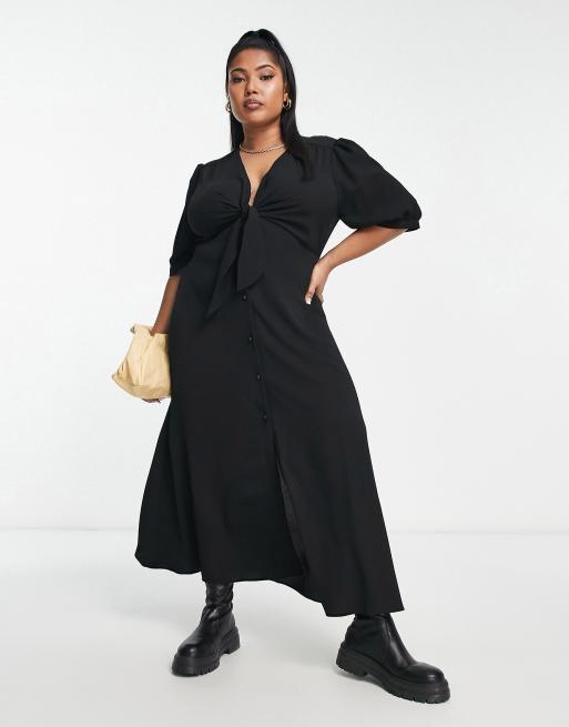 ASOS DESIGN Curve – Czarna zapinana na guziki sukienka midi z wiązaniem z przodu