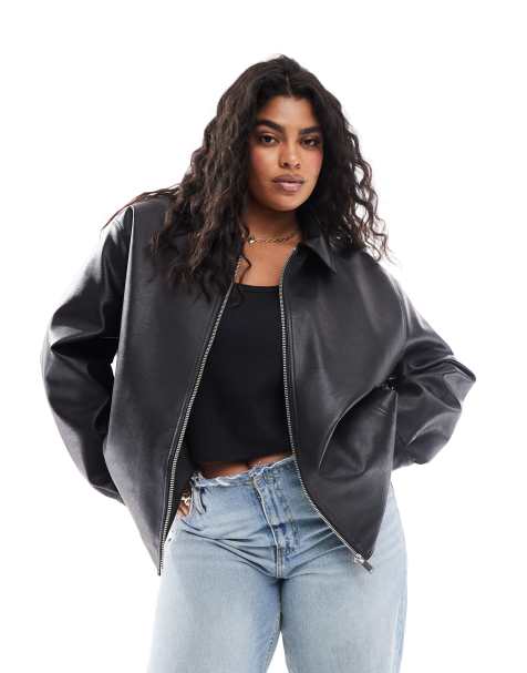 ASOS DESIGN Curve – Czarna zapinana na zamek kurtka harrington z imitacji skóry - view 1