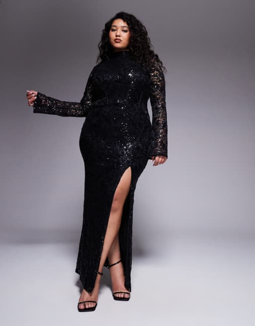 ASOS DESIGN Curve – Czarna zdobiona sukienka koronkowa maxi z długimi rękawami i rozcięciem