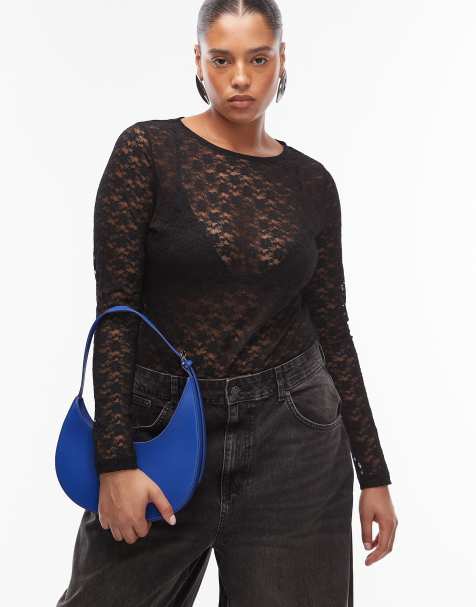 ASOS DESIGN Curve – Czarne body z długimi rękawami z prześwitującej koronki - view 1